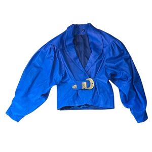 80's Blue Puff Sleeve Faux Leather Jacket Size Large